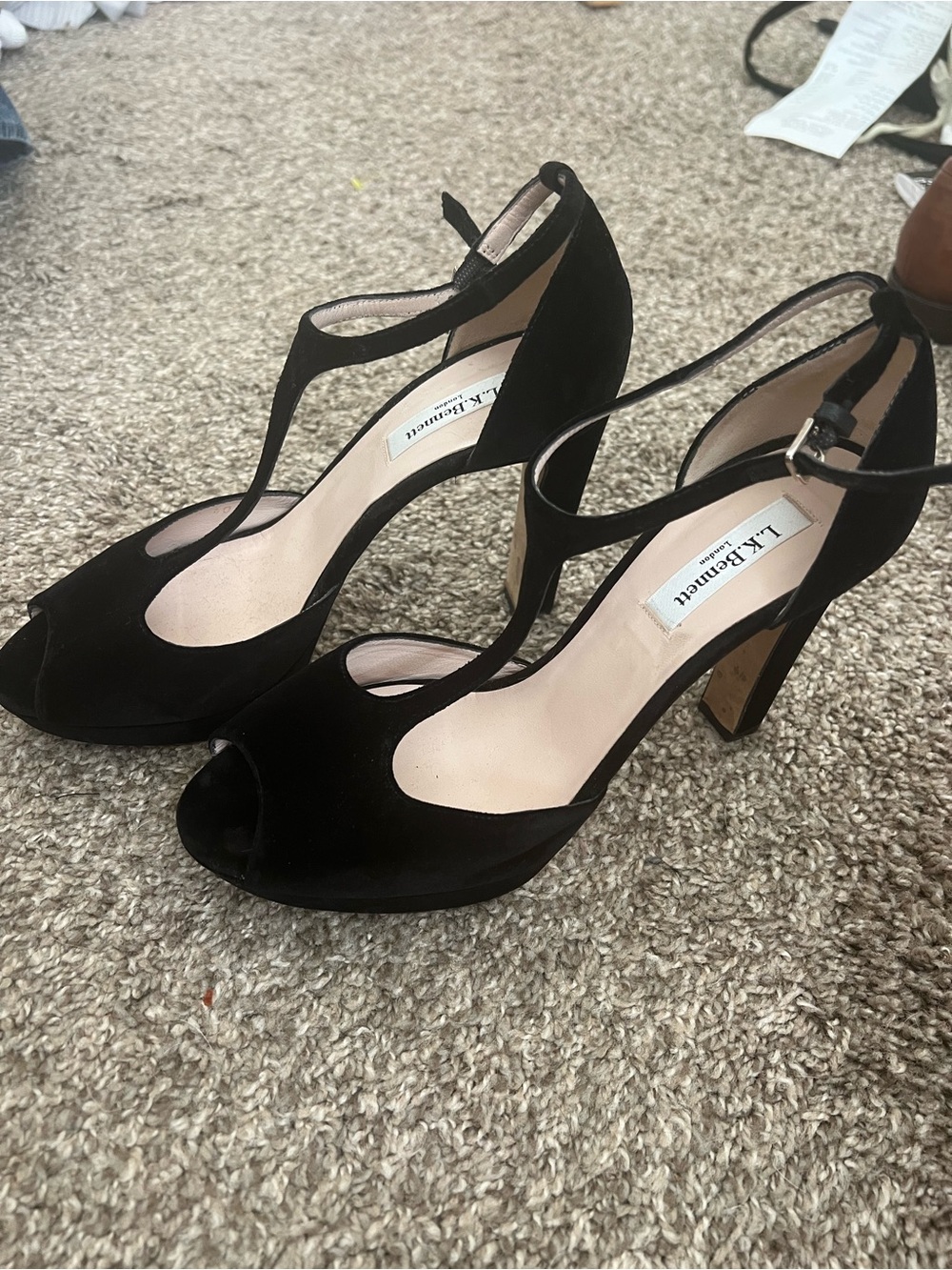 L.K. Bennett Black Suede T-Strap Peep-Toe Pumps